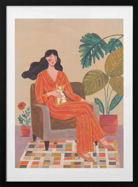 Woman with cat in living room with warm earth tones, arte de Caroline Bonne Müller con marco