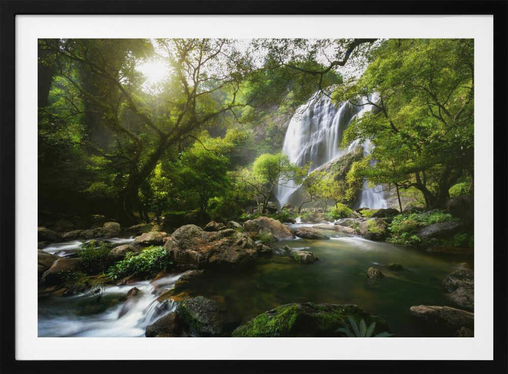 Sunlit Jungle Waterfall