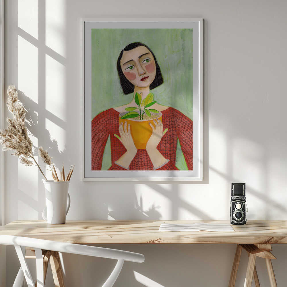 Woman Holding Green Plant, arte de Sharyn Bursic