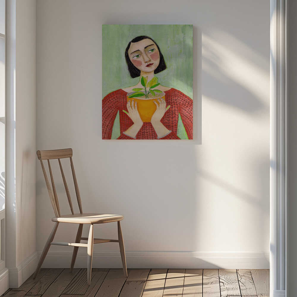 Woman Holding Green Plant, arte de Sharyn Bursic