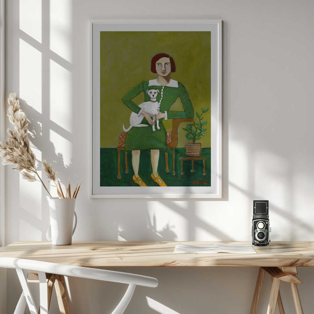 Woman with Her White Dog, arte de Sharyn Bursic