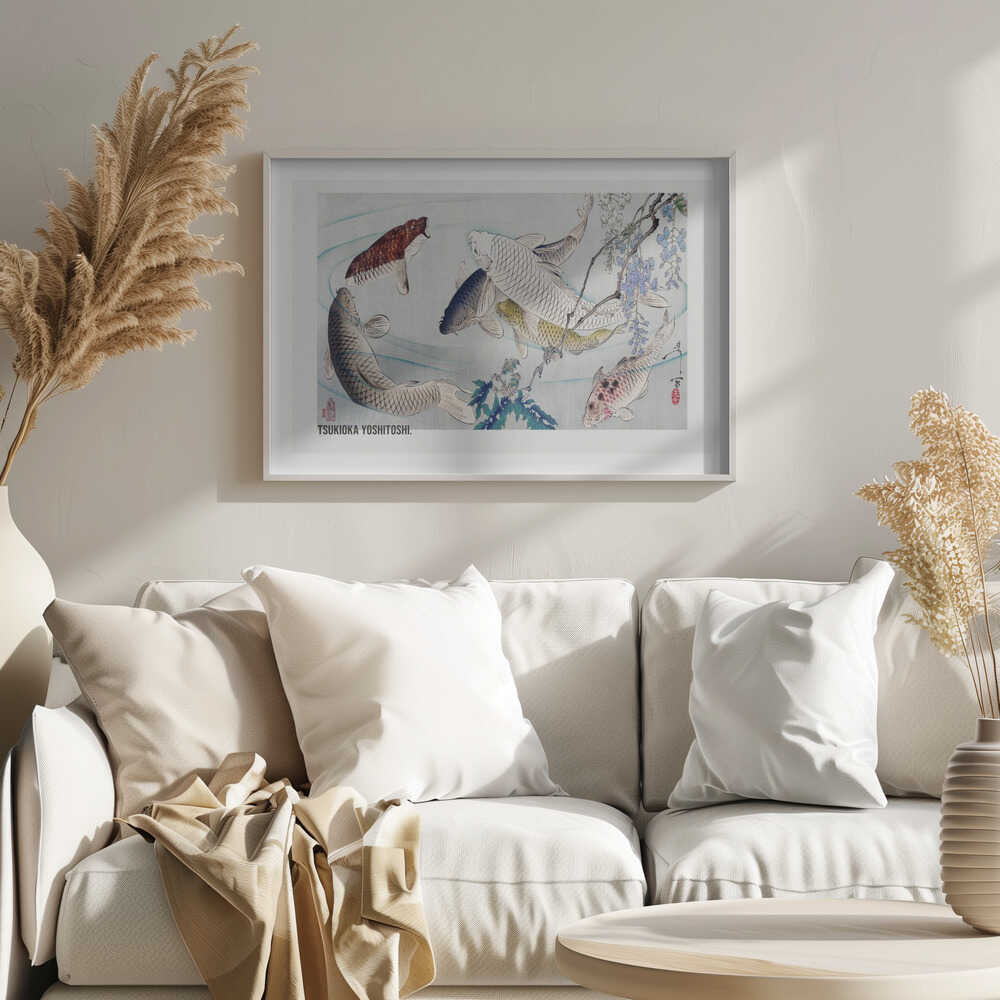 Six Carp Swimming Beneath Wisteria (1889), arte de Tsukioka Yoshitoshi