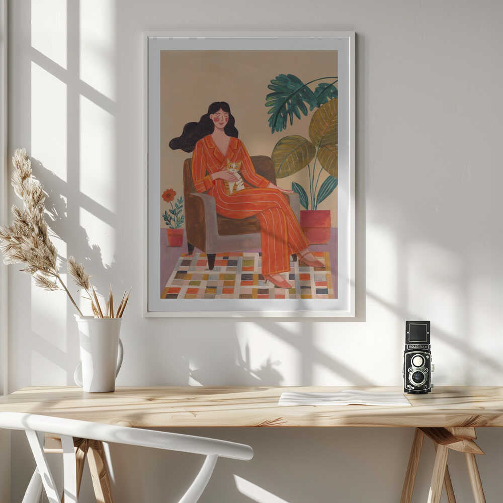 Woman with cat in living room with warm earth tones, arte de Caroline Bonne Müller