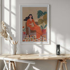 Woman with cat in living room with warm earth tones, arte de Caroline Bonne Müller