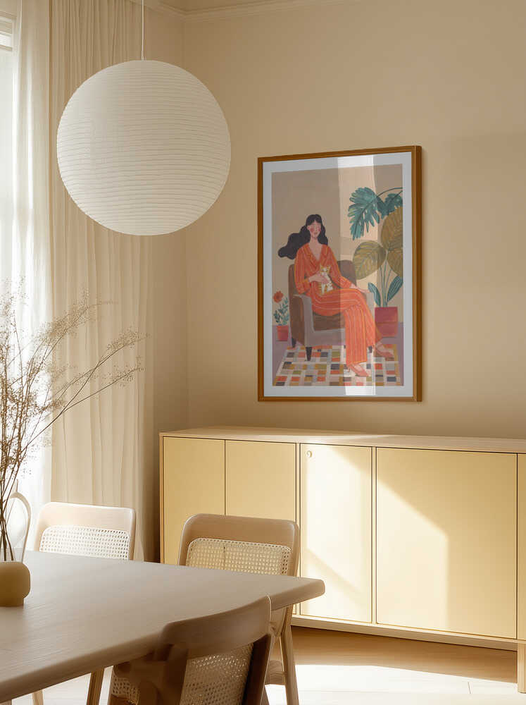 Woman with cat in living room with warm earth tones, arte de Caroline Bonne Müller