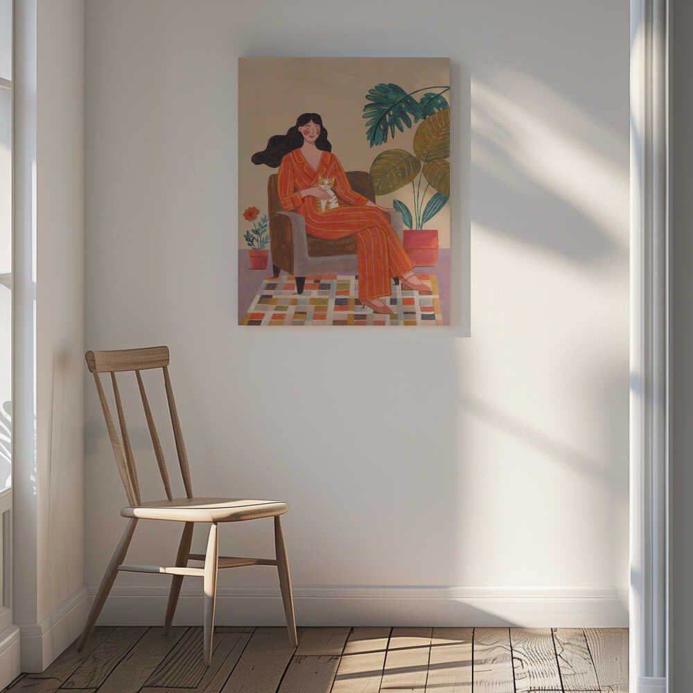 Woman with cat in living room with warm earth tones, arte de Caroline Bonne Müller