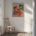 Woman with cat in living room with warm earth tones, arte de Caroline Bonne Müller