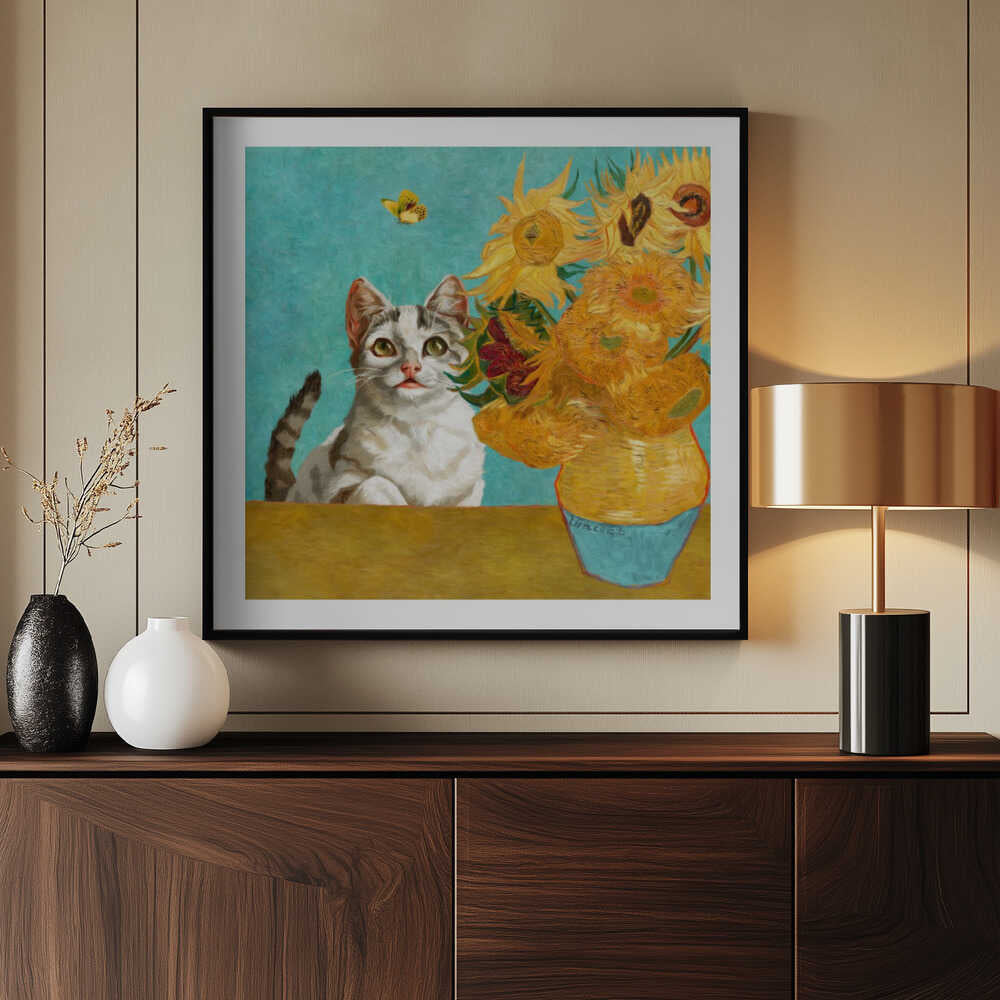 Curious Cat and Sunflowers, arte de Marja van den Hurk