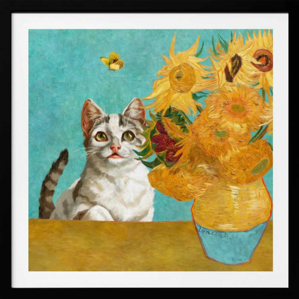 Curious Cat and Sunflowers, arte de Marja van den Hurk