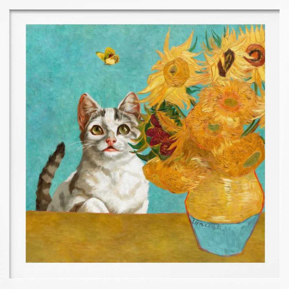 Curious Cat and Sunflowers, arte de Marja van den Hurk
