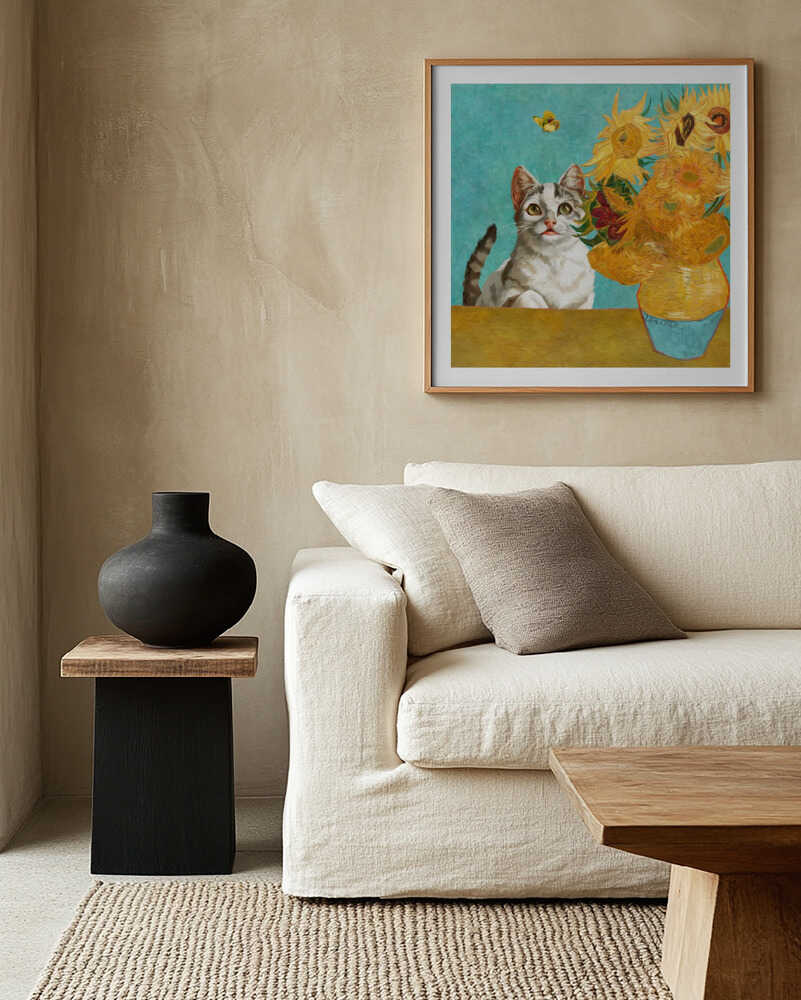 Curious Cat and Sunflowers, arte de Marja van den Hurk