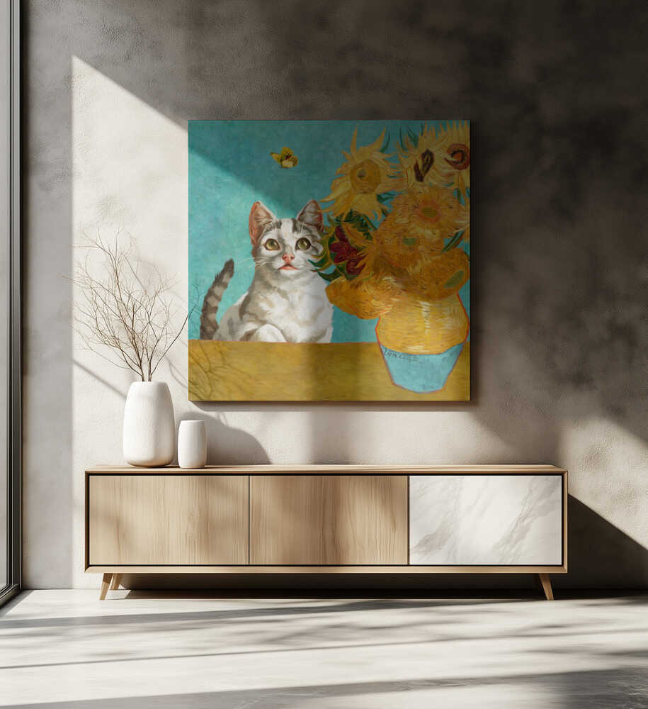 Curious Cat and Sunflowers, arte de Marja van den Hurk