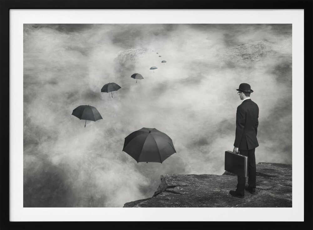 Man and Floating Umbrellas, arte de Alain Villeneuve