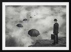 Man and Floating Umbrellas, arte de Alain Villeneuve