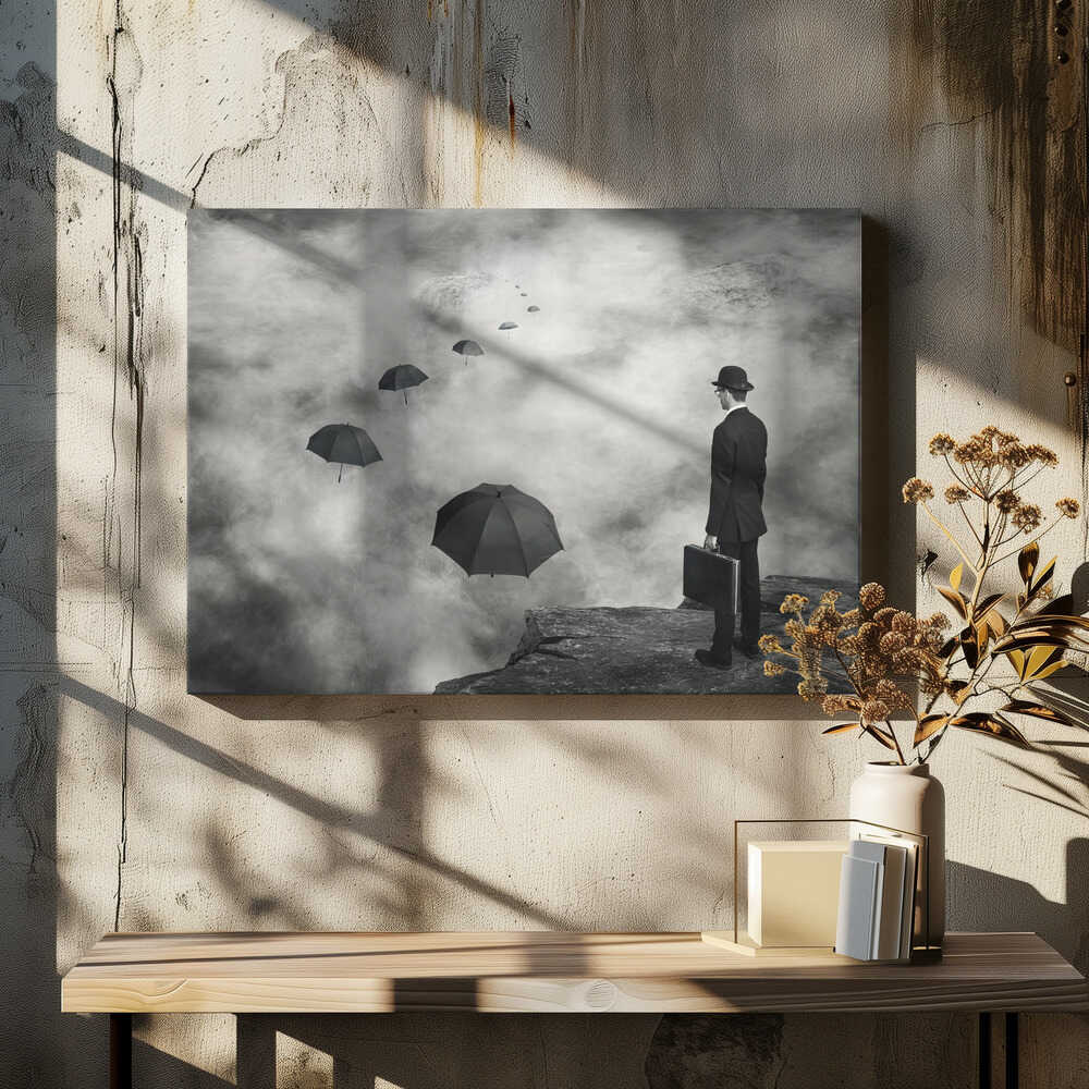 Man and Floating Umbrellas, arte de Alain Villeneuve