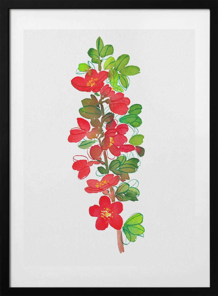 Red Blossoms Green Leaves, arte de Kata Botanical con marco