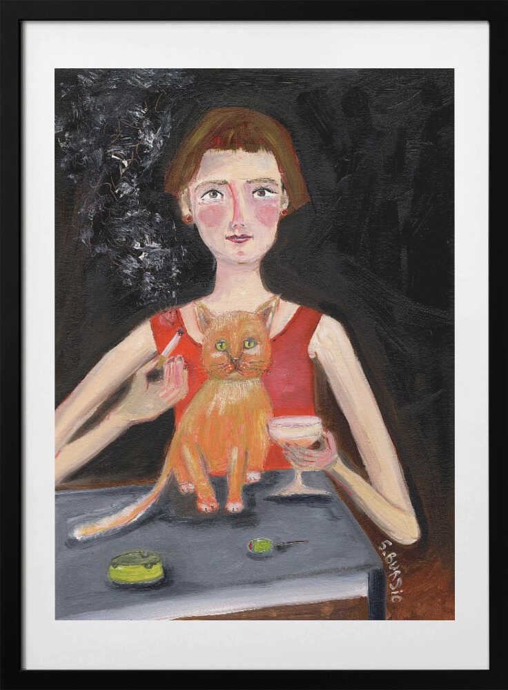 Woman Cat Cocktail Night, arte de Sharyn Bursic con marco