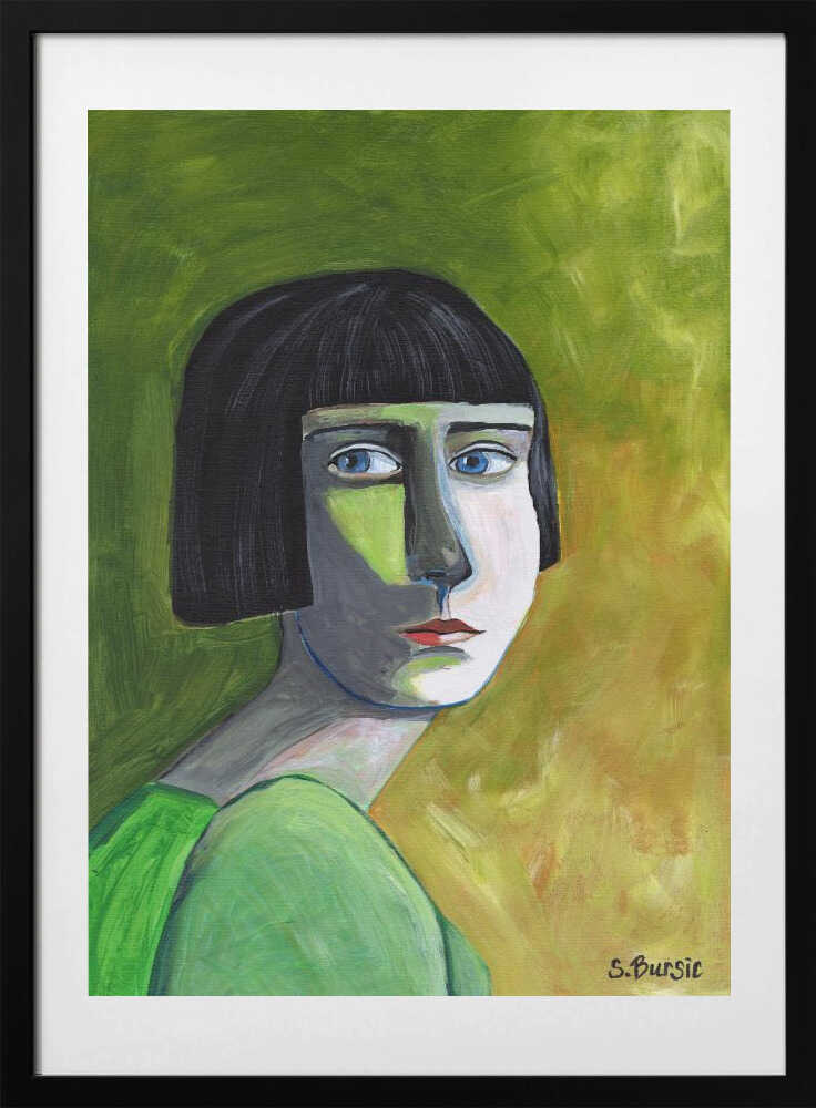 Green Bob Woman, arte de Sharyn Bursic con marco