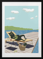 Reading Cat on Dock, arte de Sharyn Bursic con marco