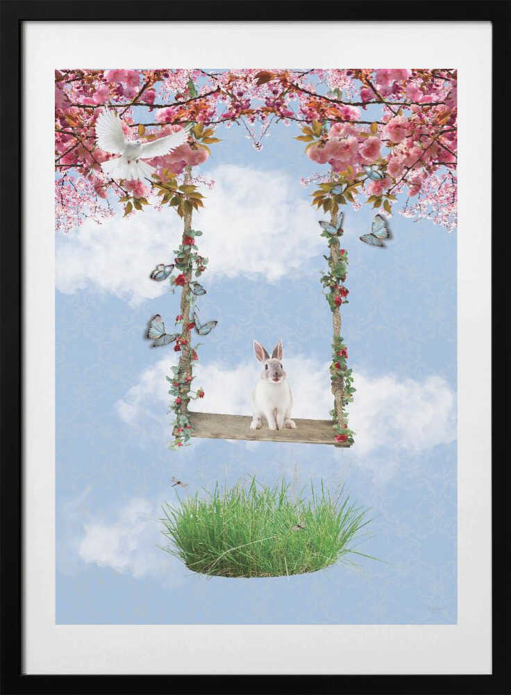 Whimsical Rabbit Swing, arte de Sue Skellern con marco
