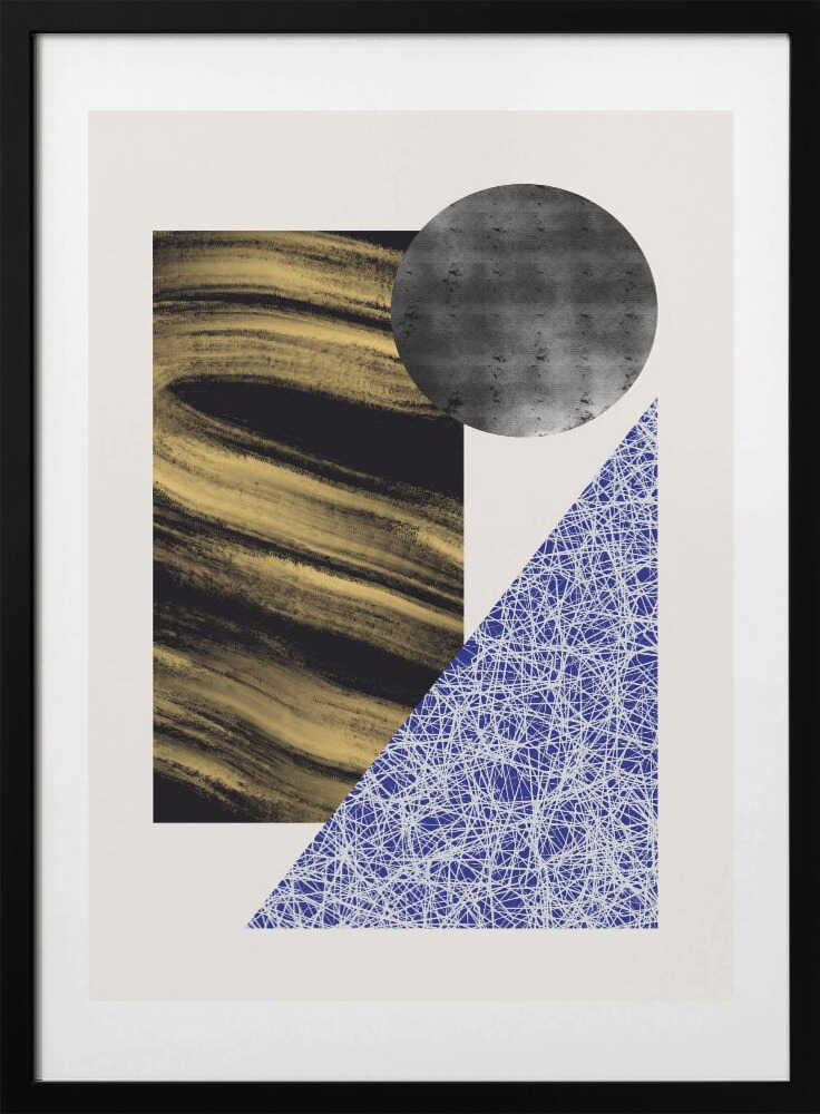 Modern Gold Blue Shapes, arte de Little Dean con marco