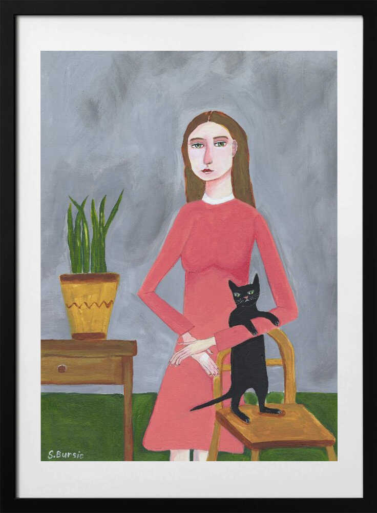 Woman and Her Black Cat, arte de Sharyn Bursic con marco