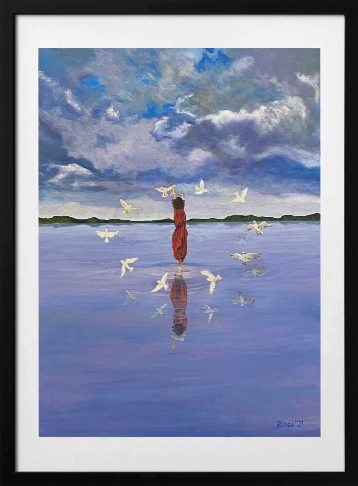 Woman and Flying Birds, arte de Tom Blood con marco