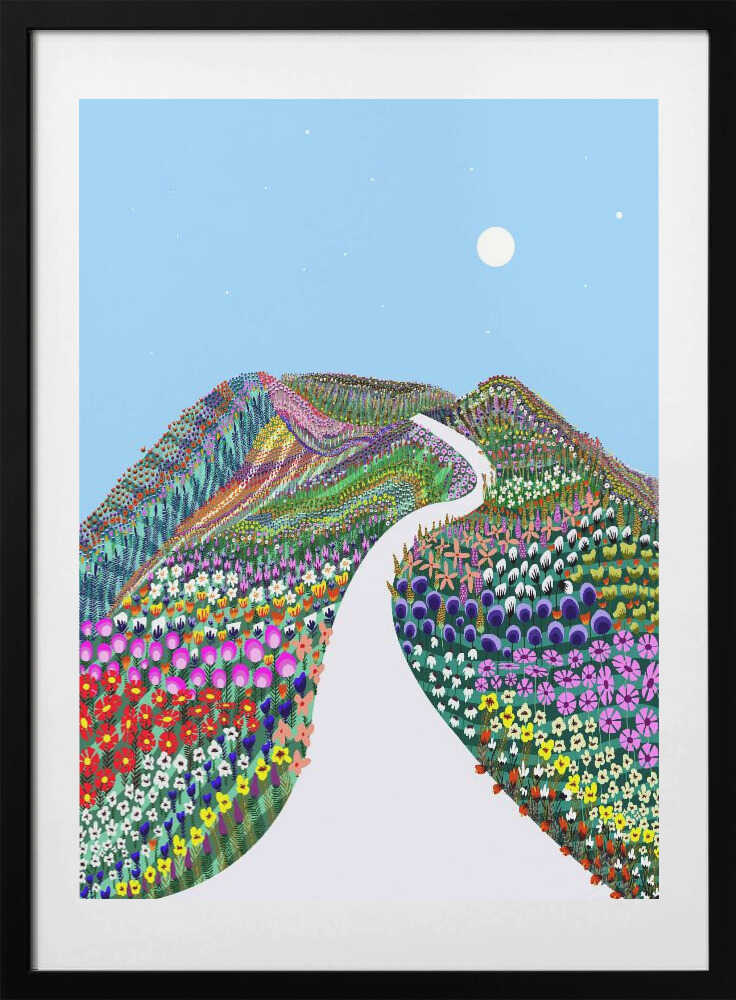 Winding Flower Mountain Path, arte de Uma Gokhale con marco