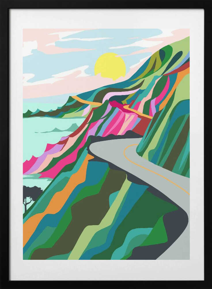 Vibrant Coastal Road, arte de Uma Gokhale con marco