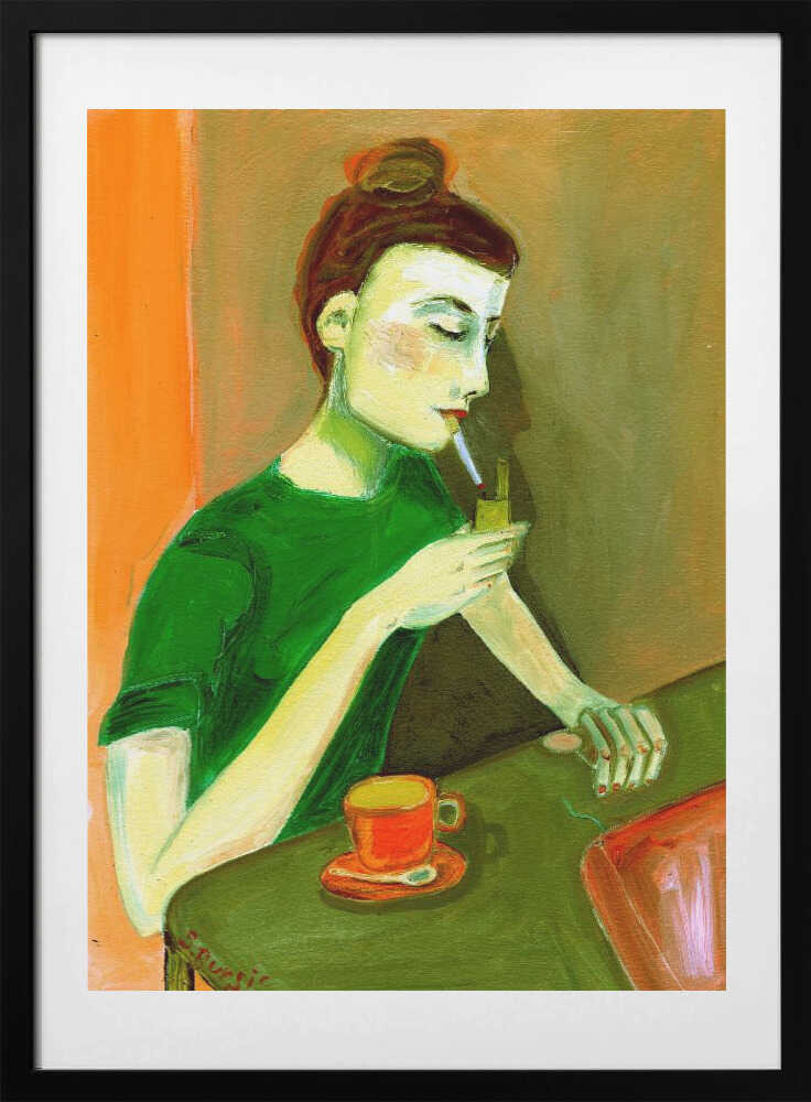 Pensive Woman Coffee Break, arte de Sharyn Bursic con marco