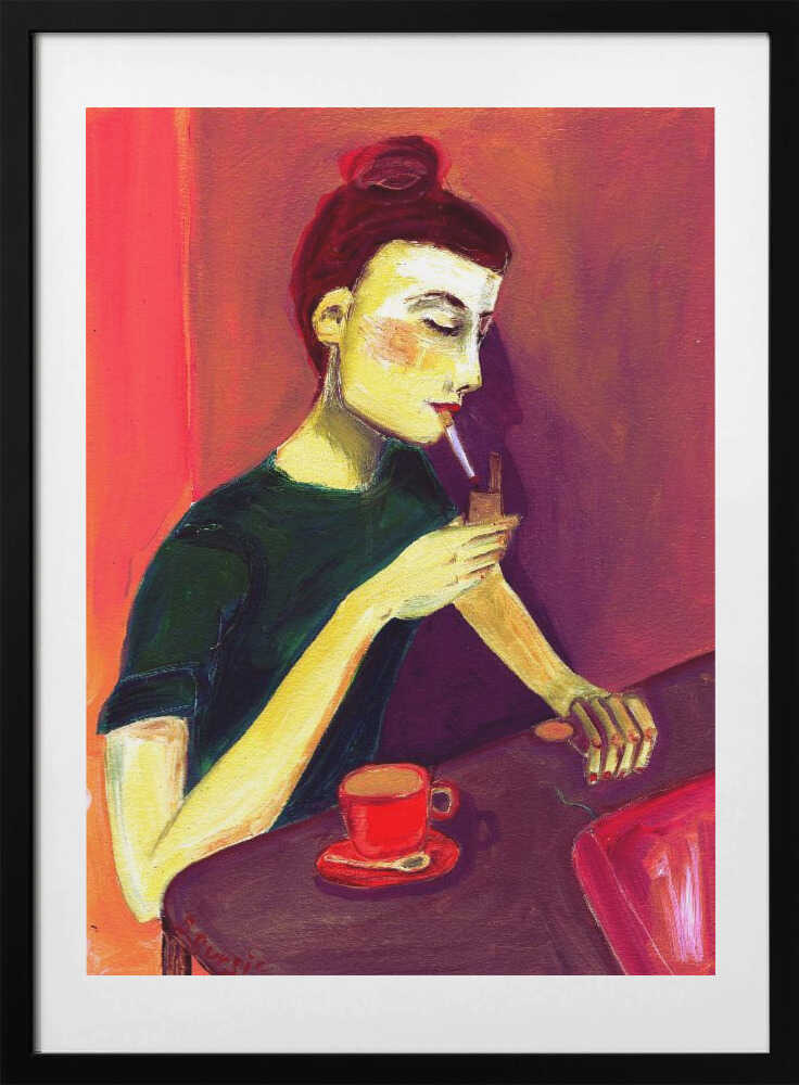 Smoking Woman With Coffee, arte de Sharyn Bursic con marco