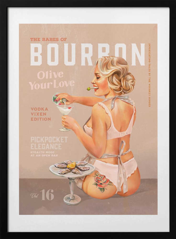 Bourbon Babe Vol 16 Vintage Vodka Martini Pin Up Girl, arte de The Whiskey Ginger con marco