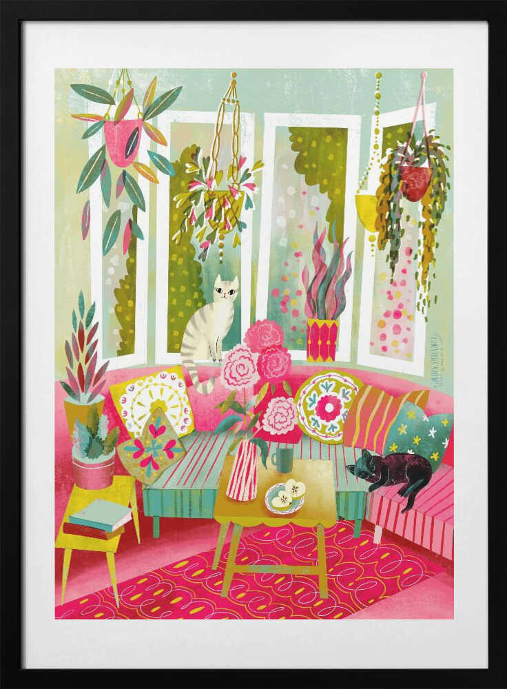 Vibrant Cats And Plants, arte de uta krogmann con marco