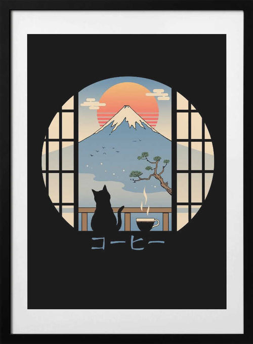 Coffee Cat In Mt. Fuji, arte de Vincent Trinidad con marco