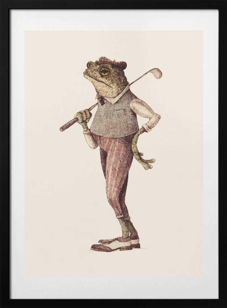 Frog In Vintage Golf Attire, arte de Mike Koubou con marco