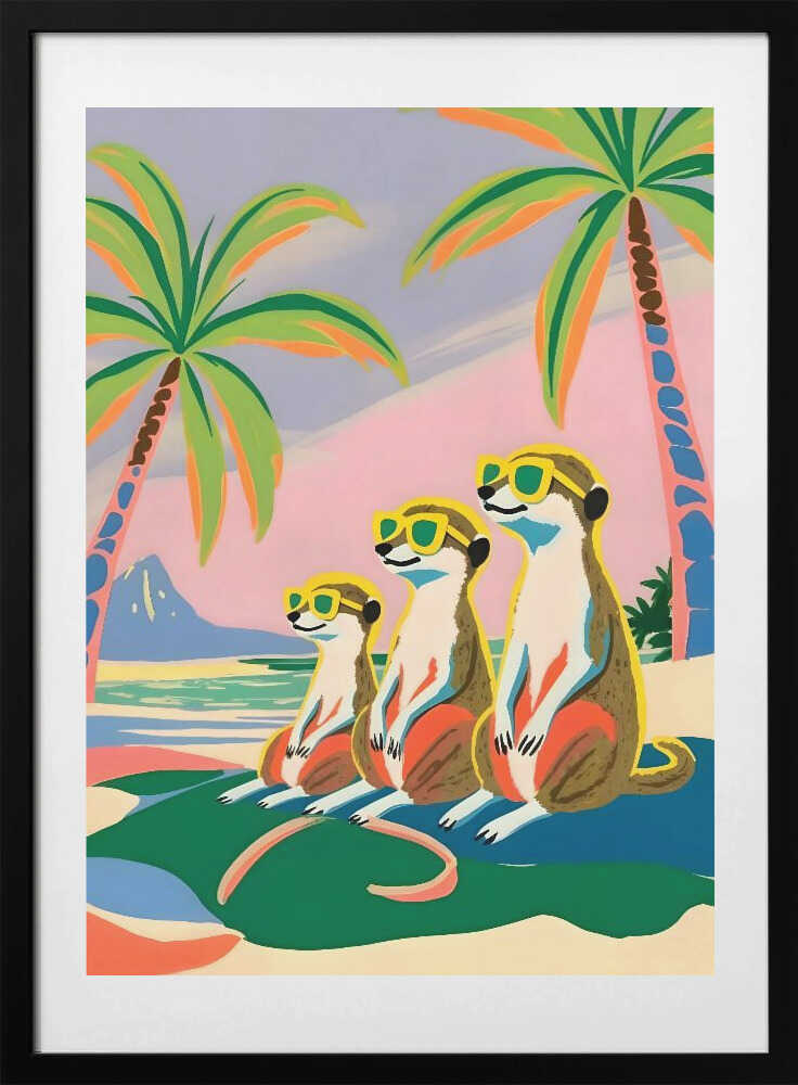 Meerkats Beach Vacation, arte de Uma Gokhale con marco
