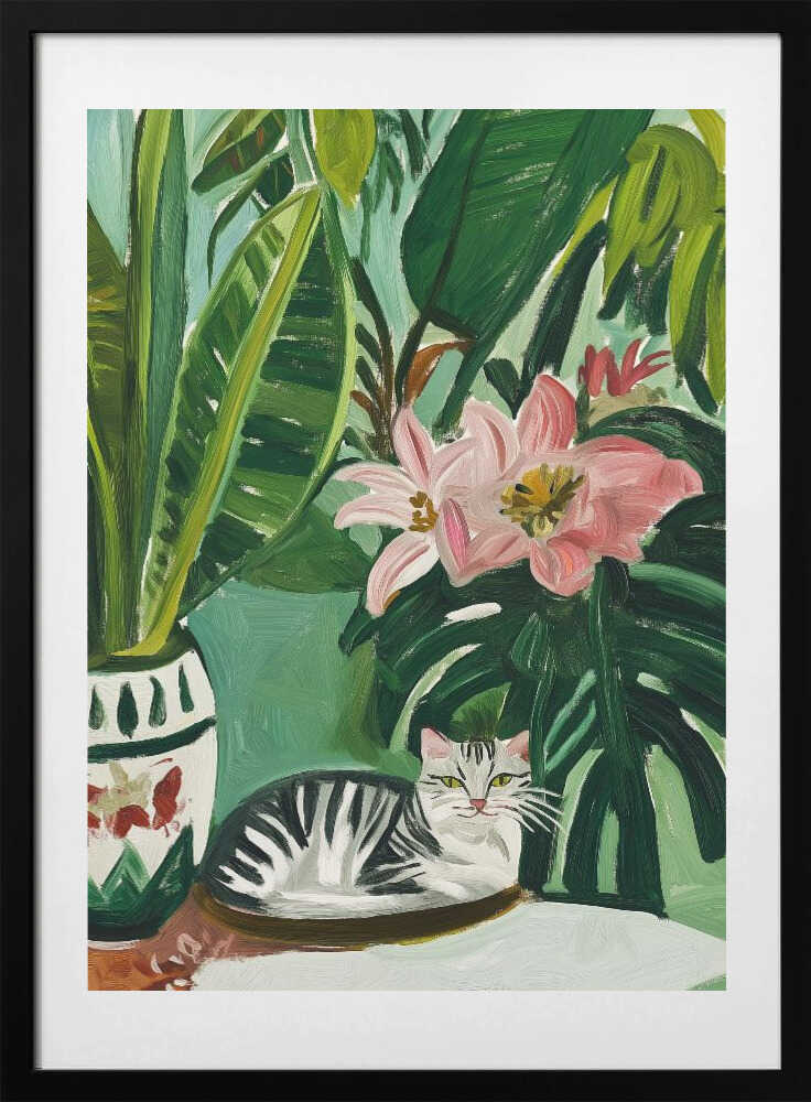 Tropical Cat and Flowers, arte de SHANDU con marco