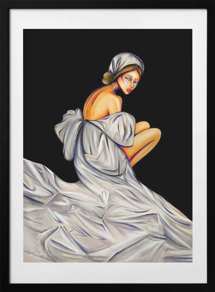 Pensive Woman In White, arte de dragonfly con marco