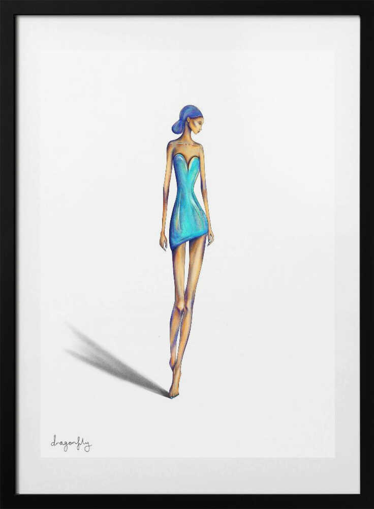 Chic Blue Dress Woman, arte de dragonfly con marco