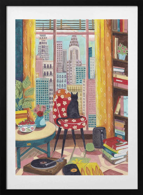 Cat in front of window in New York bright colours, arte de Caroline Bonne Müller con marco