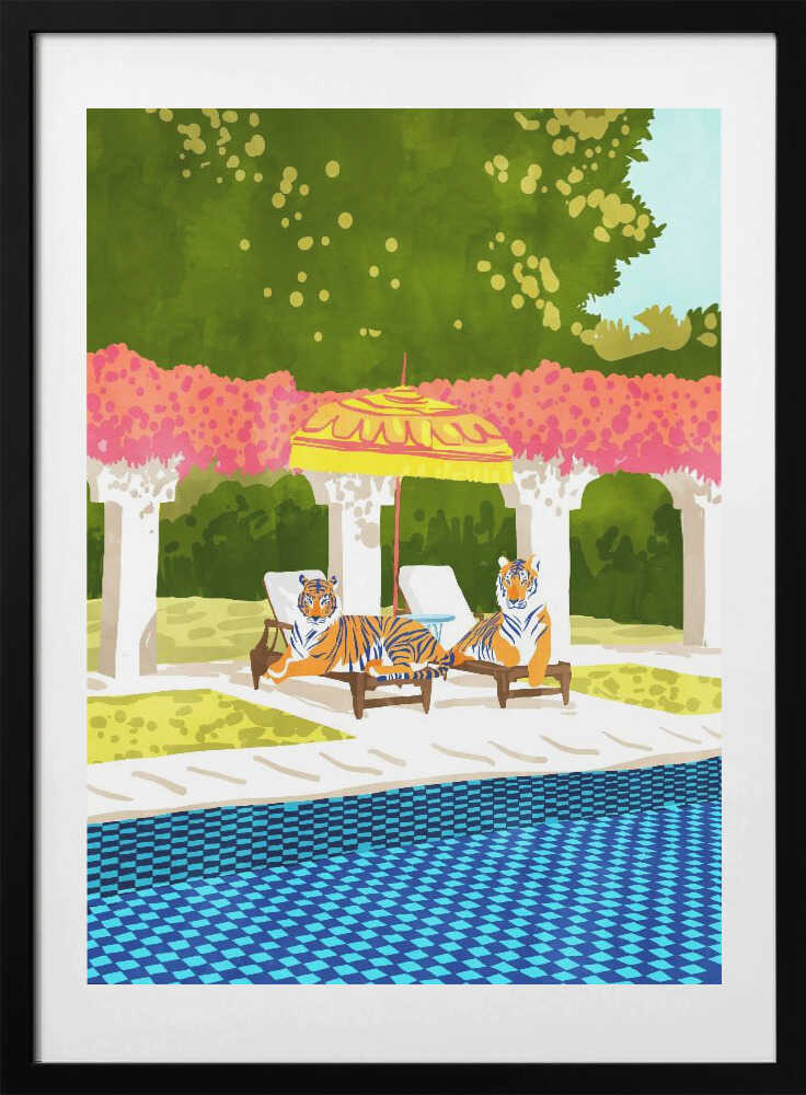 Luxurious Poolside Tigers, arte de Uma Gokhale con marco