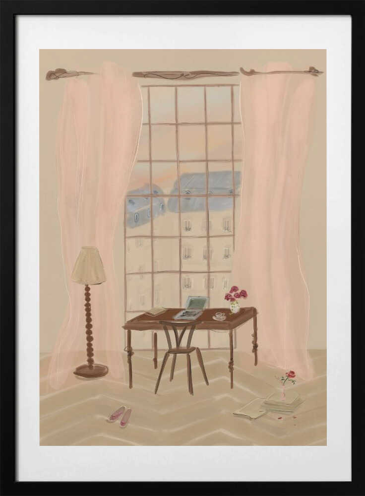Paris Window View Illustration with Rustic Desk, arte de Katharina Puritscher con marco