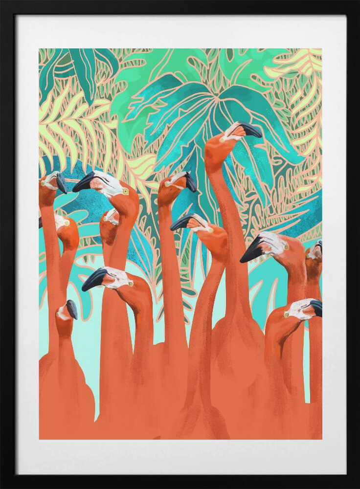 Exotic Flamingo Flock, arte de Uma Gokhale con marco