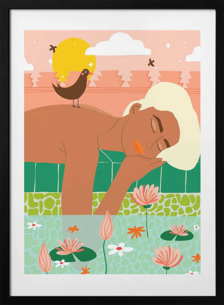 Peaceful Woman Lotus Bath, arte de Uma Gokhale con marco