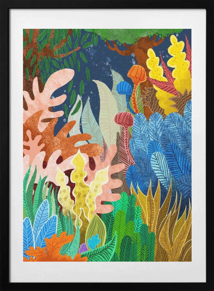 Vibrant Jungle Flora, arte de Uma Gokhale con marco