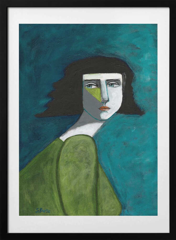 Pensive Green Portrait, arte de Sharyn Bursic con marco