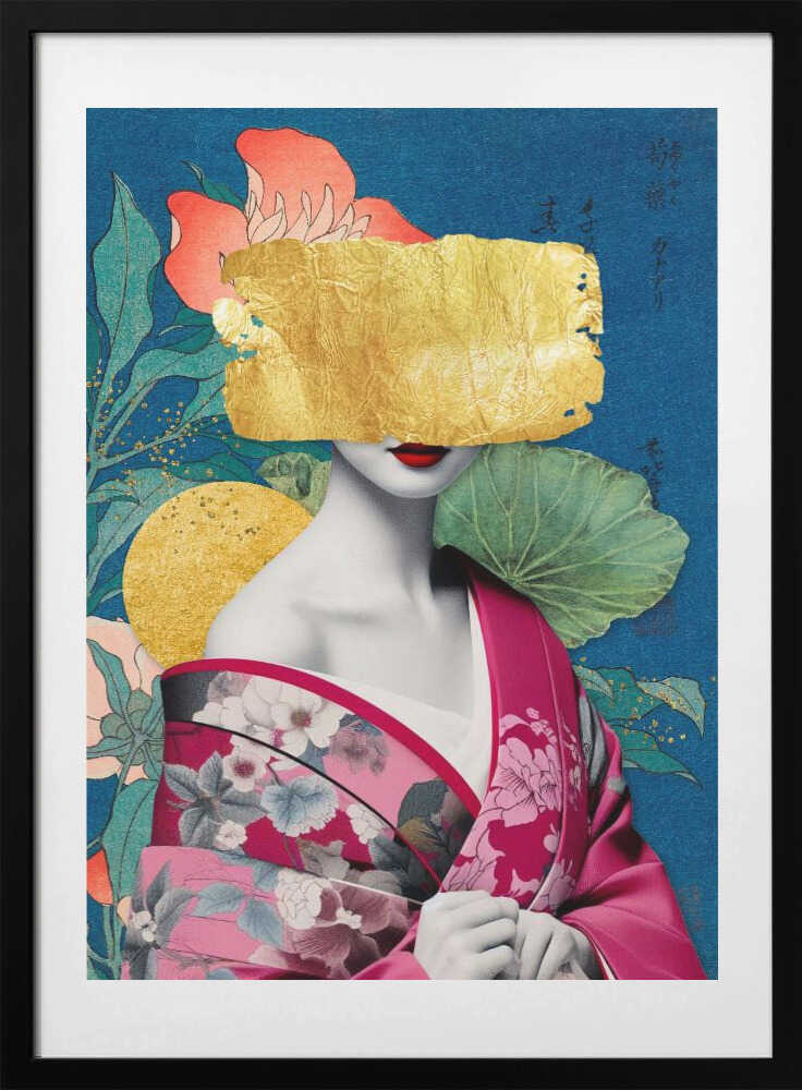 Japanese Gold Kimono Mask, arte de Marja van den Hurk con marco