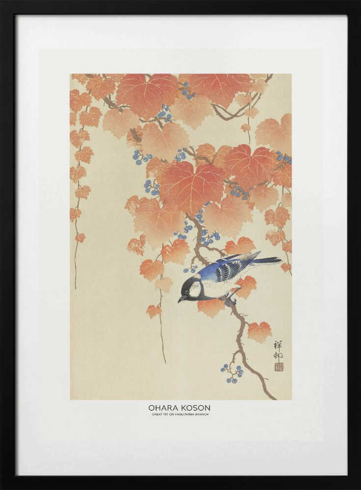 Great Tit On Paulownia Branch, arte de Ohara Koson con marco