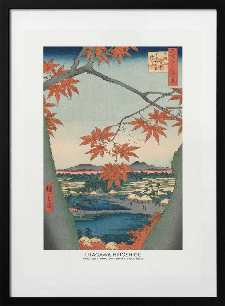 Maple Trees At Mama, Tekona Shrine and Tdugi Bridge, arte de Utagawa Hiroshige con marco