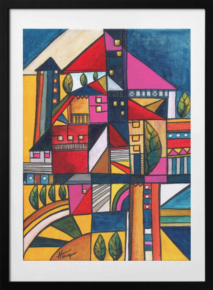 Vibrant Geometric Town, arte de Aniko Hencz con marco